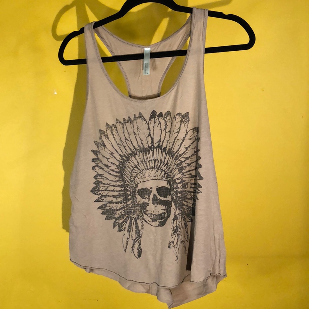 Tan sleeveless knit tank top with skull print